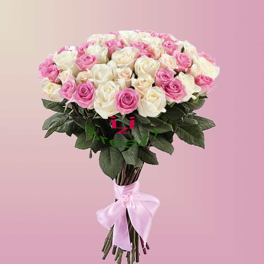 Букет из кремовых и розовых роз 51шт. (70см) купить 