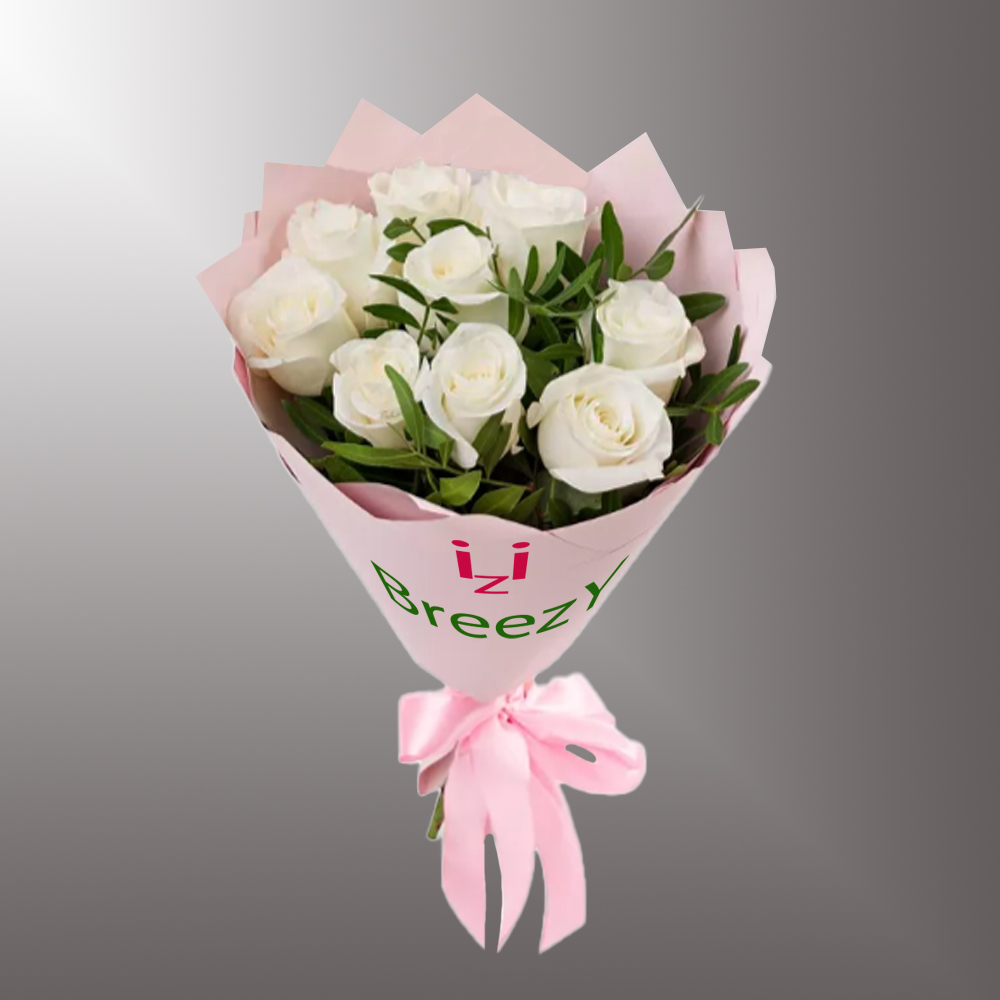 Букет из 9 белых роз с зеленью в Самаре Букет из 9 белых роз с зеленью купить