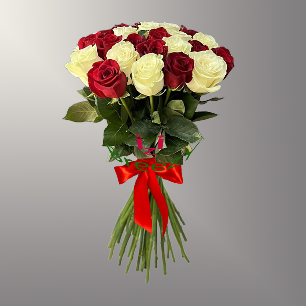 Букет из красных и белых роз 25шт. (70см) в Самаре Букет из красных и белых роз 25шт. (70см) купить