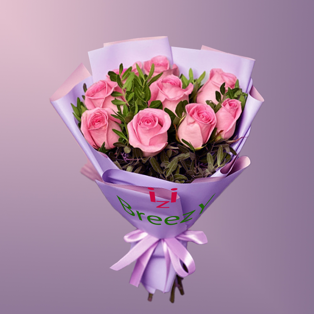 Букет из 9 розовых роз с зеленью купить 